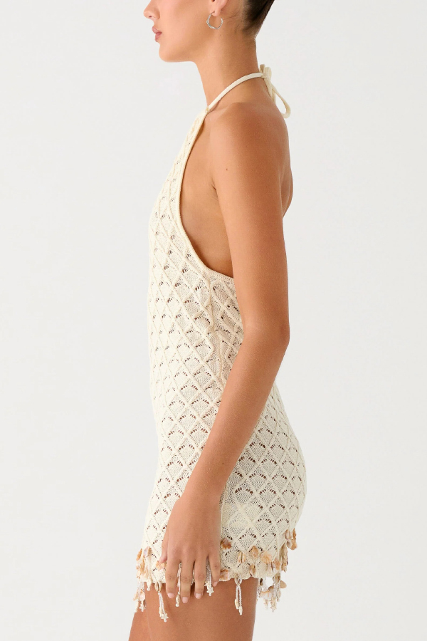 Fashionable Openwork Knit Halter Neck Backless Shell Embellished Vacation Cover-up Mini Dress-consonak