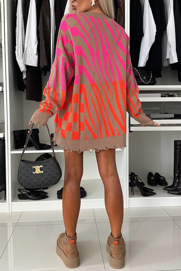 Fashionable Knit Zebra Geometric Pattern Frayed Hem Loose Sweater | Consonak