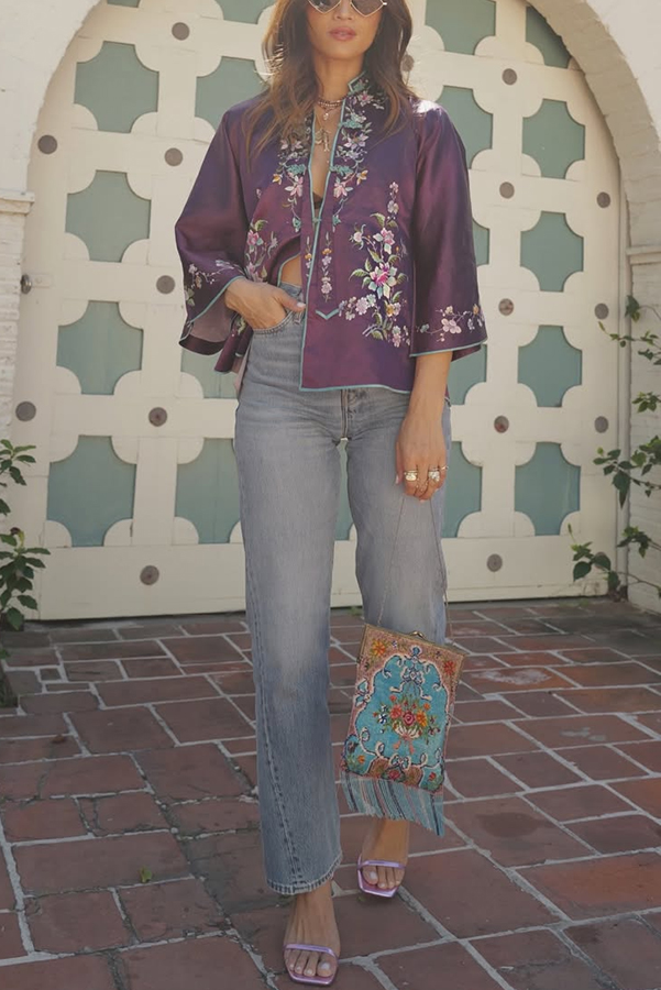 Vintage Dreams Satin Floral Print Cheongsam Style Neck Half Sleeve Blouse