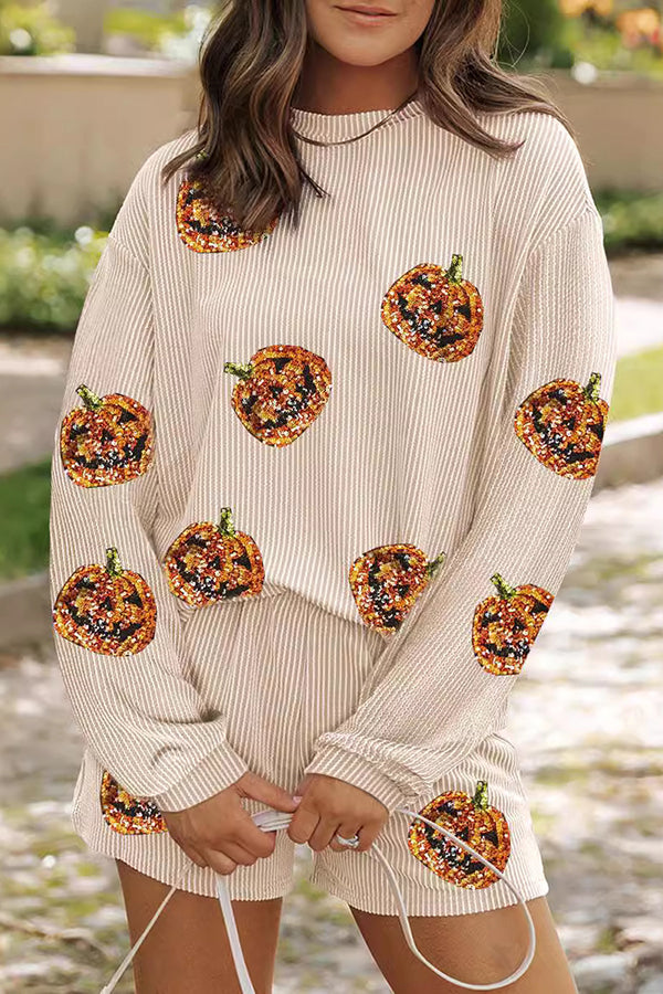 Christmas Sequined Loose Long-sleeved Top and Elastic Waist Casual Shorts Set-consonak