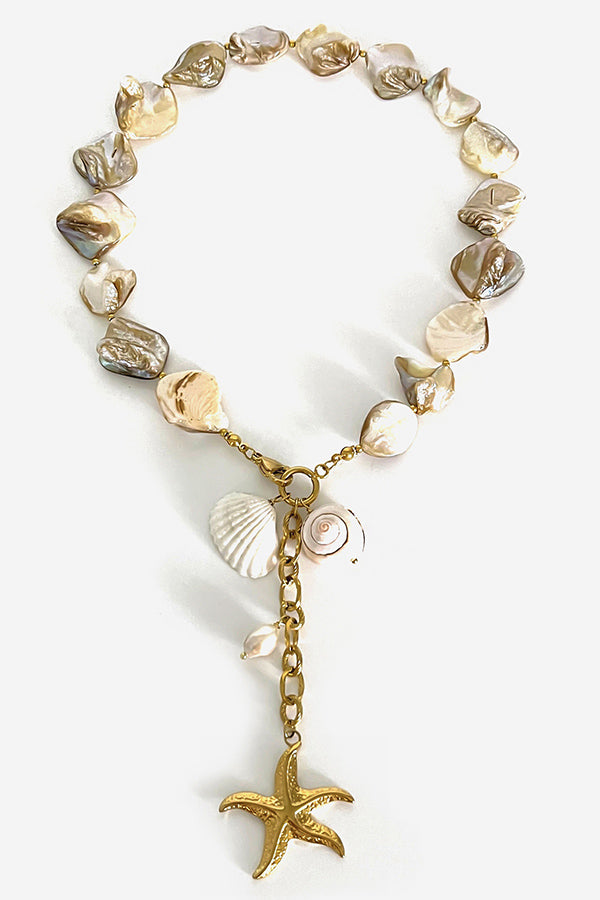 Stylish Pearl Beaded Starfish Pendant Necklace-consonak