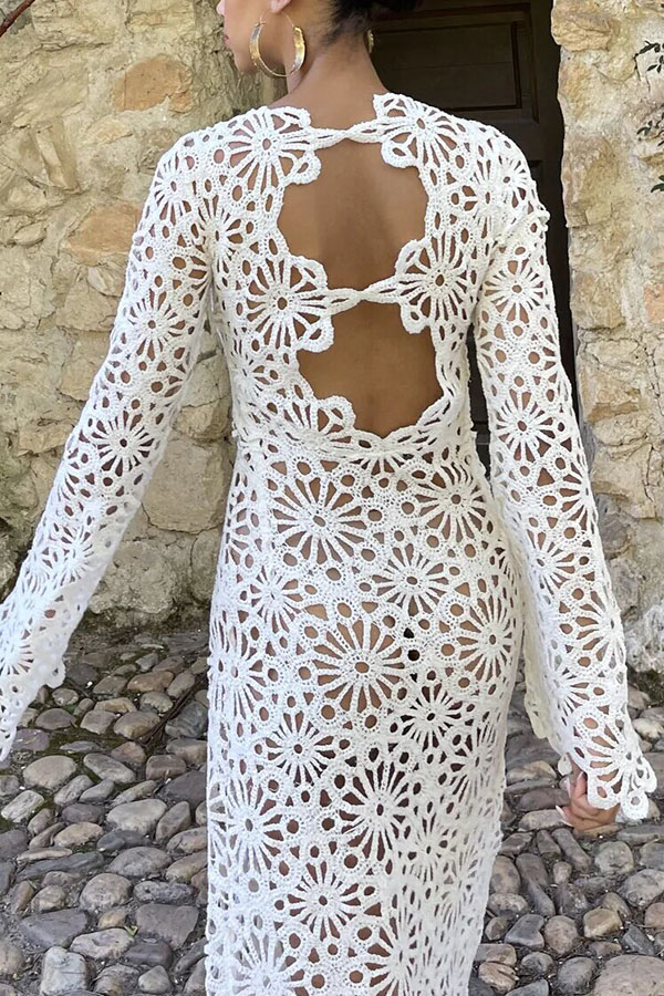Easy Resort Knit Crochet Cutout Long Sleeve Reversible Vacation Maxi Dress