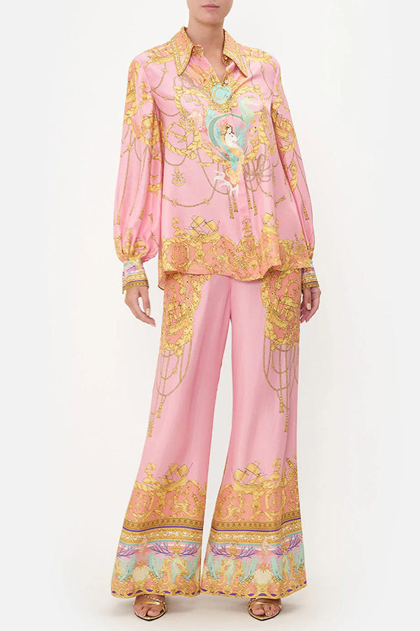 Mermaid Motel Unique Print Long Sleeve Loose Shirt and Elastic Waist Pants Set | Consonak
