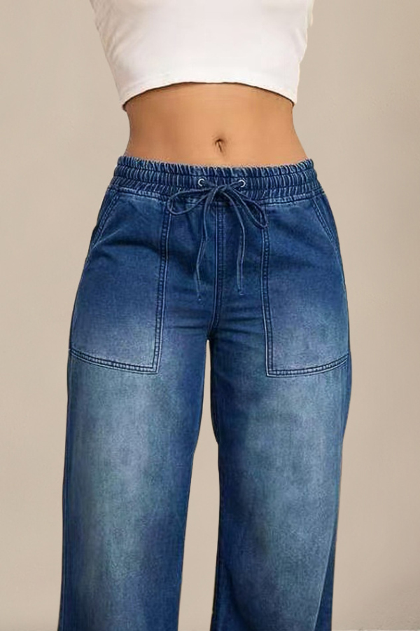 Stylish Elastic Waist Drawstring Pocket Casual Straight Wide-leg Jeans