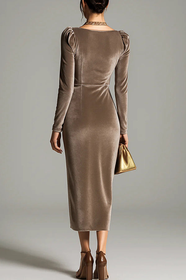 Solid Color Velvet Long-sleeved Slim-fit Pleated Midi Dress-consonak