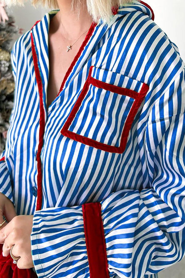 Striped Printed Color-blocked Trim Long-sleeved Loose Top and Elastic Waist Belt Wide-leg Pants Set-consonak