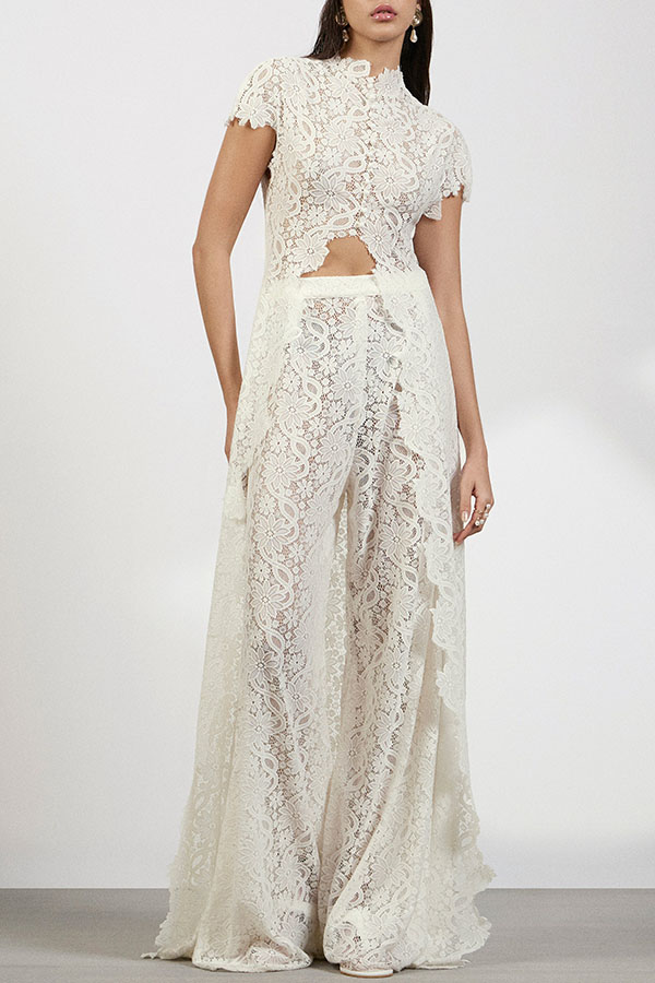 Elegance Avant-garde Floral Lace Short Sleeve High Low Top and High Rise Wide Leg Pants Set-consonak