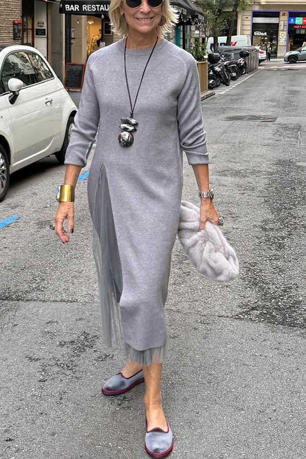 Jollie Knit Long Sleeve Front Slit Midi Sweater and Pleated Tulle Stretch Tank Midi Dress Two-piece Set-Consonak