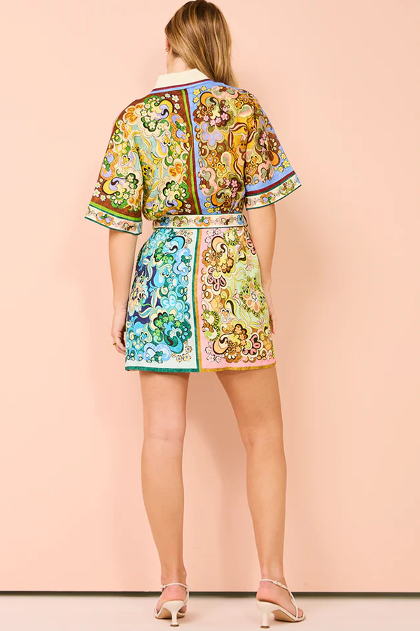 Sasha Linen Blend Unique Printed Shirt Style Tie-waist Mini Dress-consonak