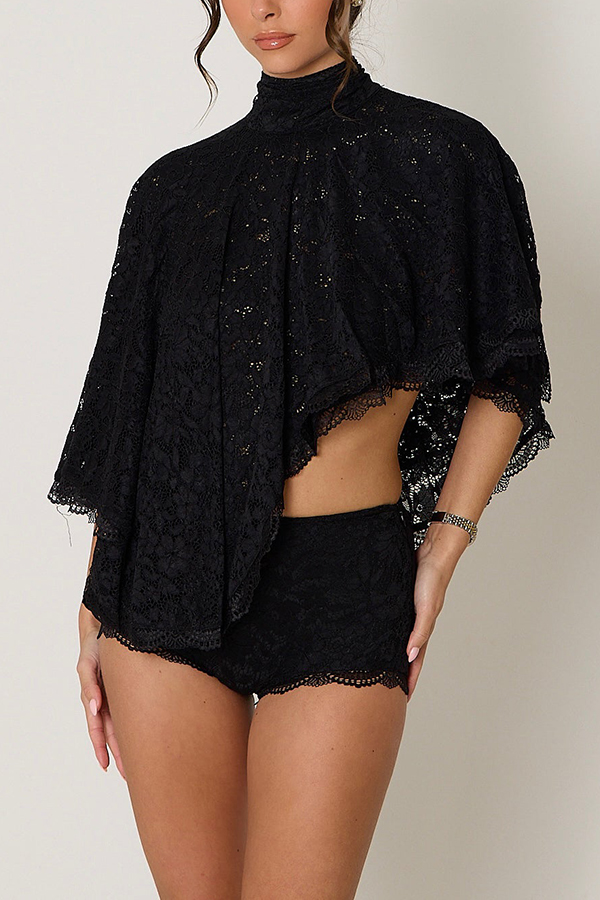 Carmen Lace Bow-tie Round Neckline Ruffle Cape Overlay Top