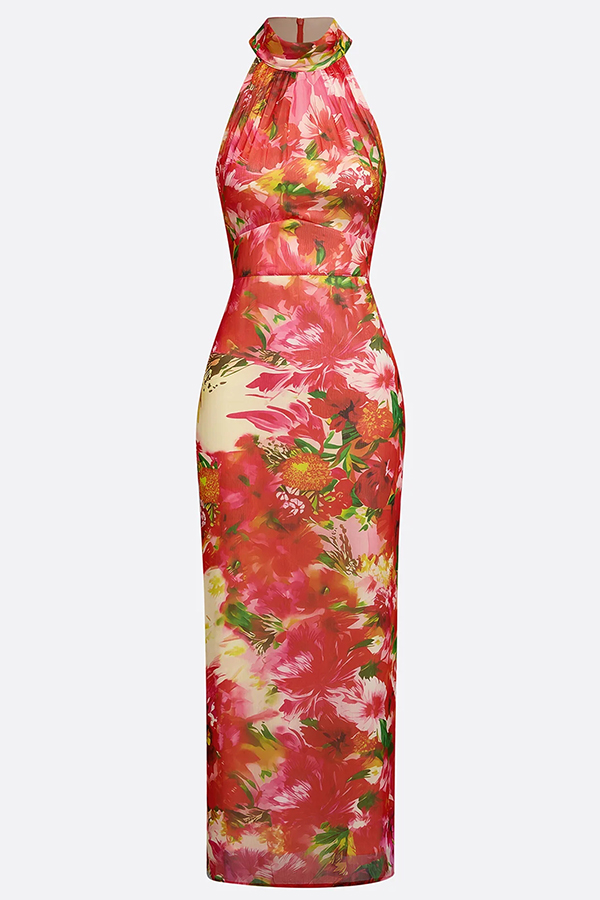 Garden Glamour Chiffon Floral Print High Neck Sleeveless Slit Maxi Dress-consonak