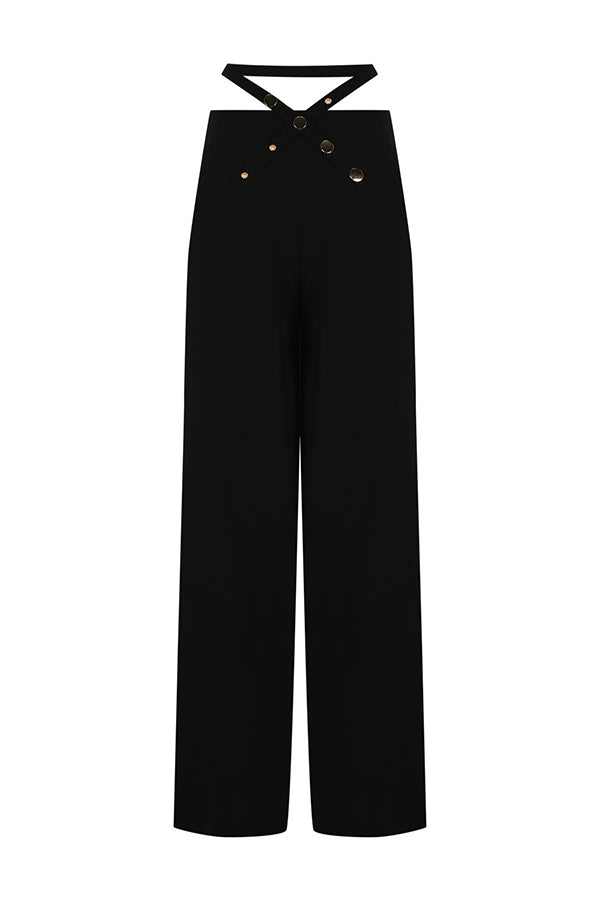 Leia High Neck Button Bell Sleeve Top and Cutout Waist Metal Pocketed Flare Pants Set-consonak