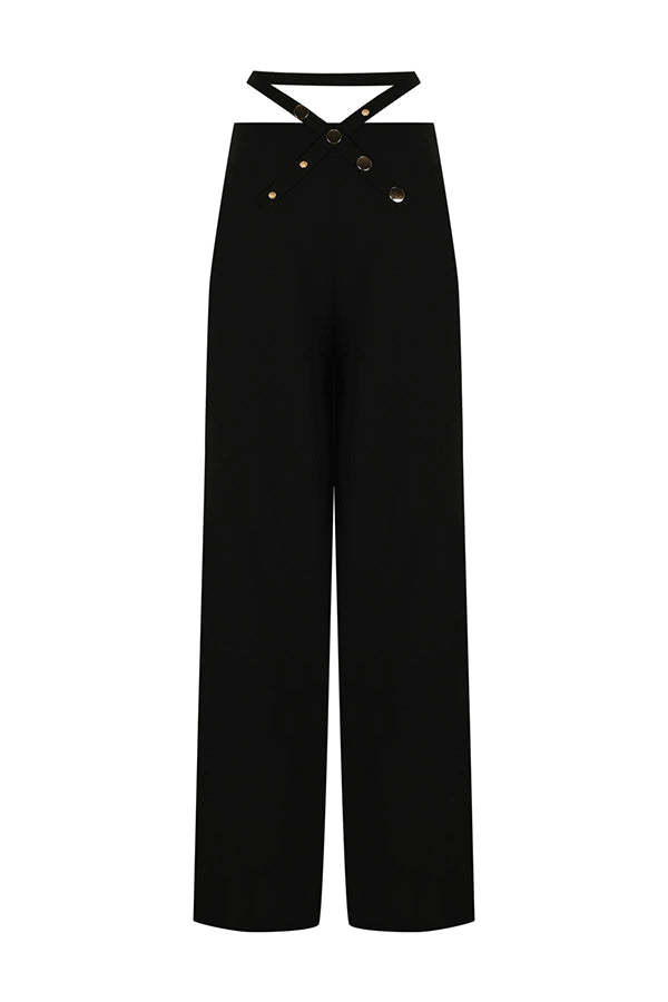 Leia High Neck Button Bell Sleeve Top and Cutout Waist Metal Pocketed Flare Pants Set-consonak