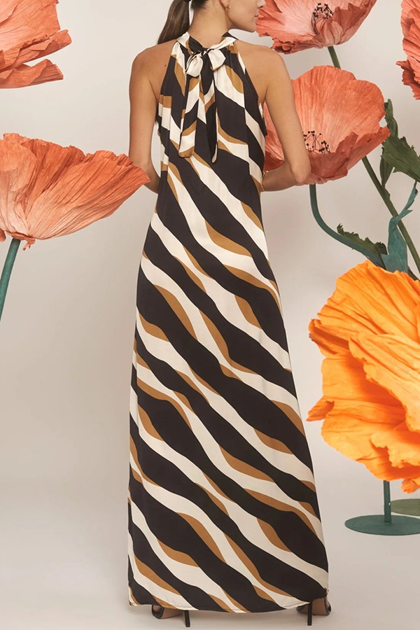 Uptown Cafe Satin Color Block Print Tie-up Neck Maxi Dress-consonak