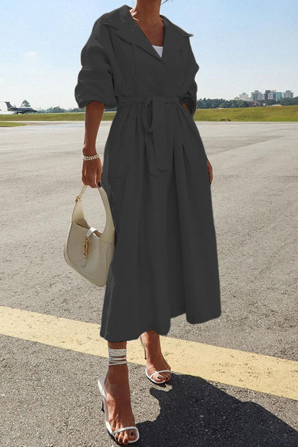 Solid Color Lapel Long Sleeves Lace-up Waist Mid-length Coat-consonak