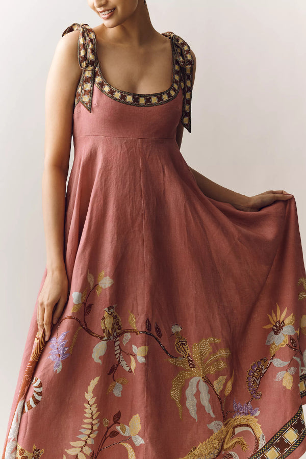 Linen Blend Unique Printed Tie-up Suspenders Pocket Elegant  Vacation Maxi Dress