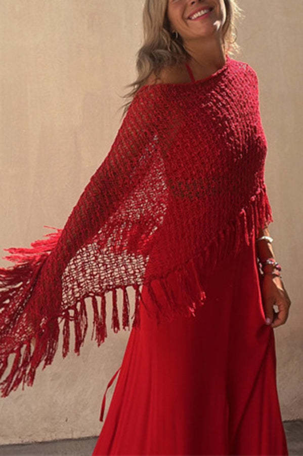 Sunset Breeze Hollow Out Tassel Knit Cover-up Top-consonak