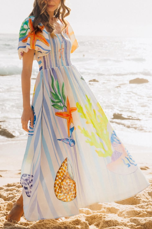 Marine Creature Print Square Neck Puff Sleeve Pleated Casual Pocket Maxi Dress-consonak