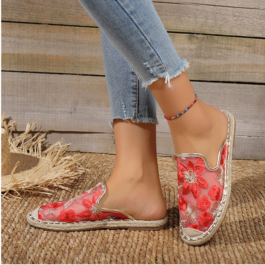Casual Linen Woven Flat Round Toe Half Slippers-consonak