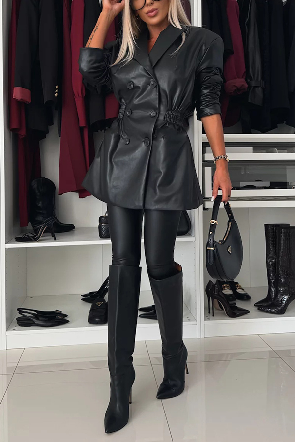Fashionable Items Faux Leather Button Up Elastic Waistband Lapel Blazer-consonak