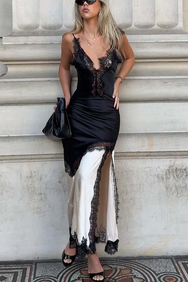 Soft and Romantic Satin Lace Trim Colorblock V-neck Side Slit Maxi Dress-consonak