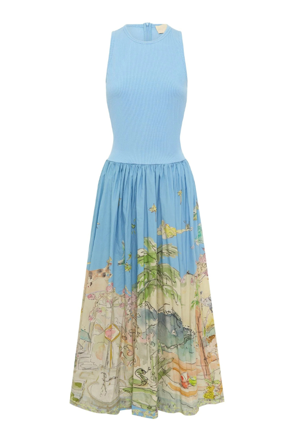 Ink Wash Print Round Neck Sleeveless Resort-style Midi Dress-consonak