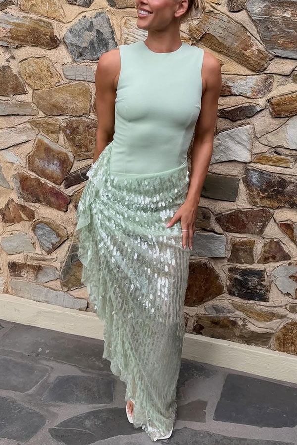 Unspoken Glamour Crepe and Fish Scale Sequins Ruffle Ruched Drape Maxi Dress-consonak