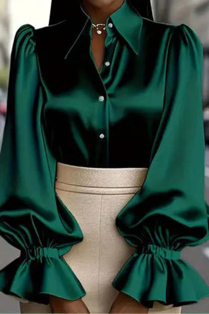 Solid Color Satin Puff Sleeve Casual Button-down Shirt-consonak