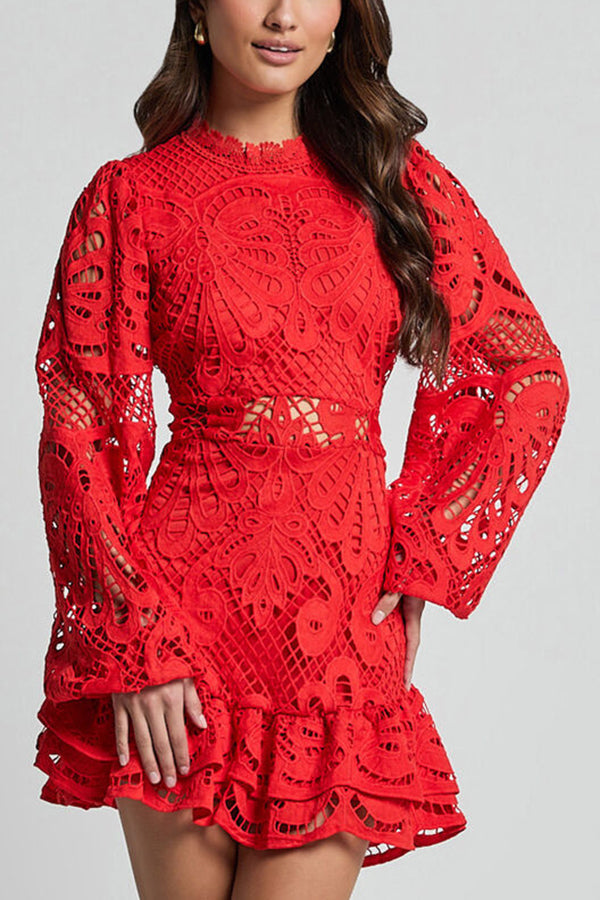 Solid Color Hollow Long-sleeved Waisted Lace Mini Dress | Consonak