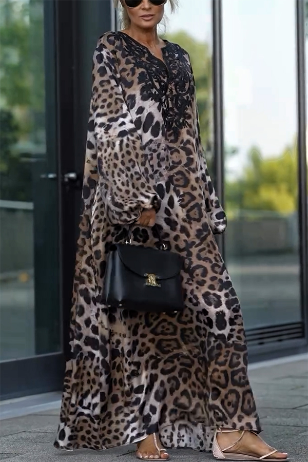 Rayna Lace Mixed Leopard Print Balloon Sleeve A-line Maxi Dress-consonak