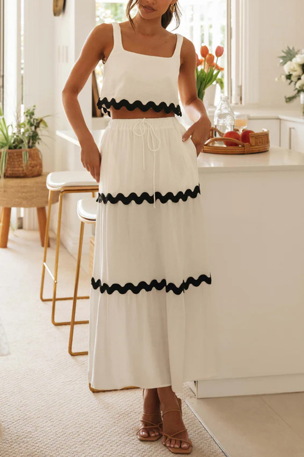 Napa Ric Rac Trims Sleeveless Crop Tank and Drawstring Elastic Waist Pocket Maxi Skirt-consonak