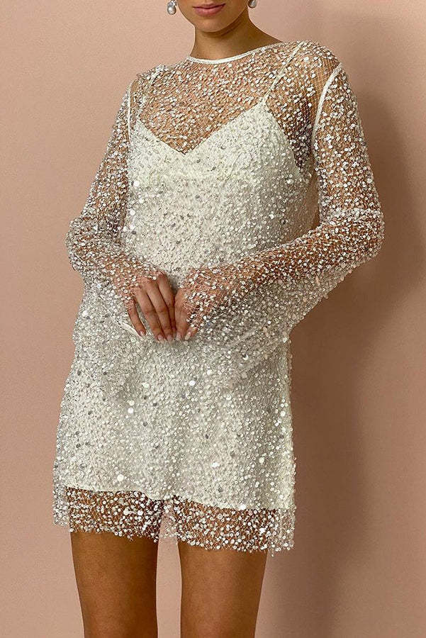 Sparkle and Shine Sequins and Pearls Fabric Mini Dress with Separate Slip-consonak