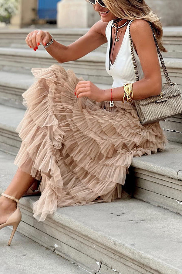 Be Your Own City Queen Tiered Elastic Waist Tulle Maxi Skirt | Consonak