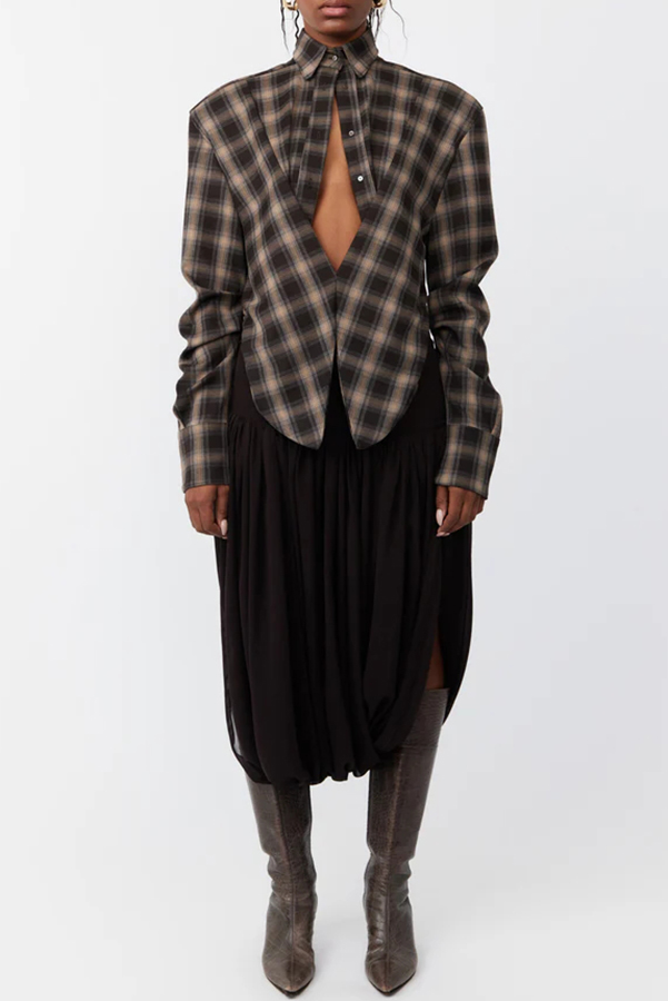 Vintage Plaid Shoulder Pad Buttons Long Sleeve Angled Hem Shirt-consonak