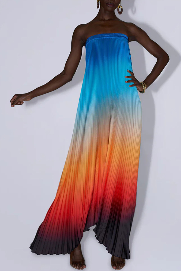 Ibiza Sunset Pleated Gradient Print Strapless Asymmetrical Hem A-line Maxi Dress