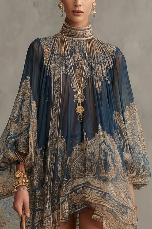 Baroque Print High-neck Irregular Chiffon Mini Dress-Consonak