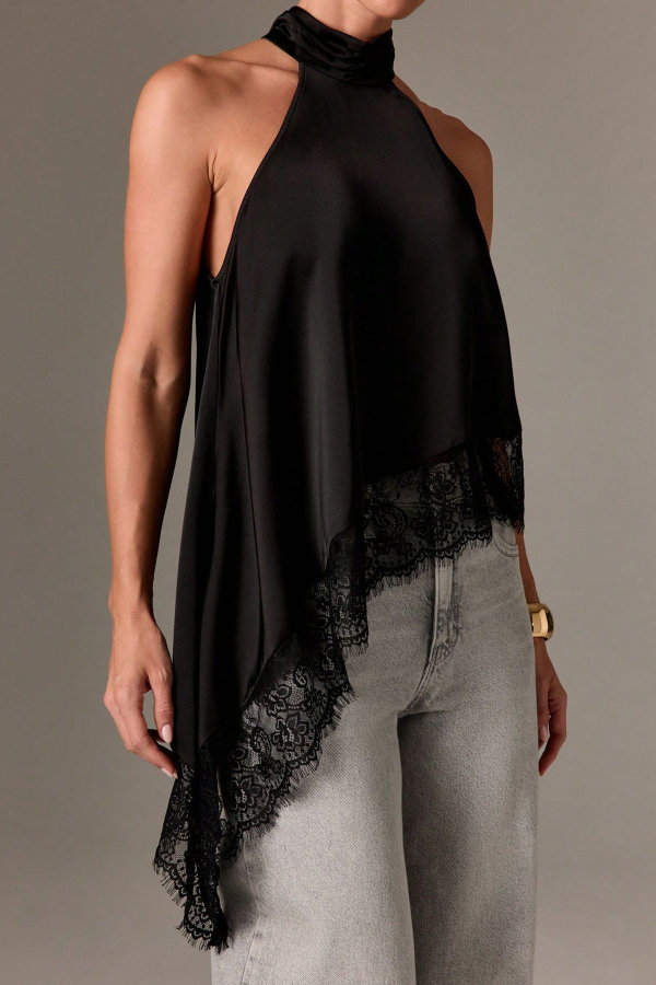 Solid Color Satin Sleeveless Lace Hem Loose Top