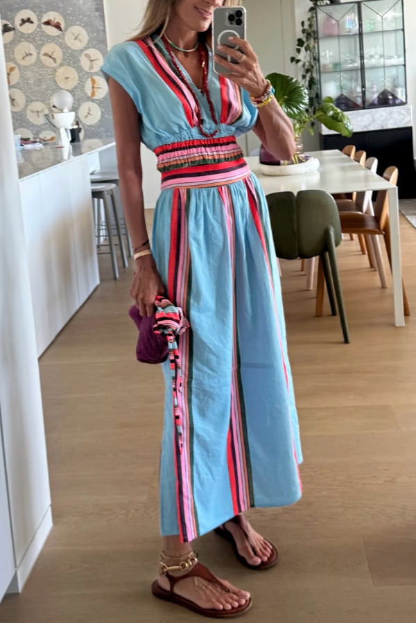 Stylish Striped Print V-neck Cropped Top and Elastic Waist Casual Maxi Skirt Set-consonak