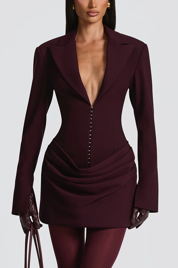 Solid Color Slim-fit V-neck Elegant Draped Formal Mini Dress-consonak