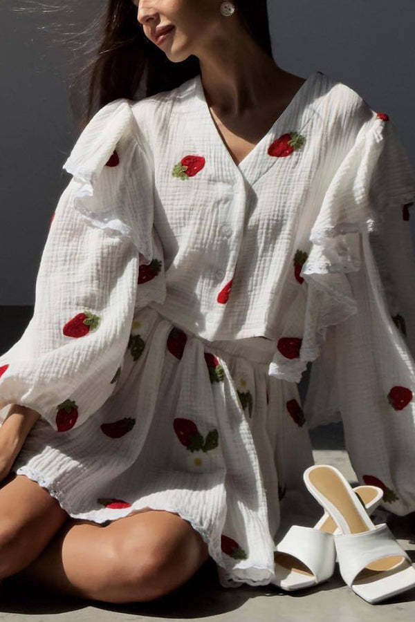Ranier Cotton Linen Blend Strawberry Print Ruffle Blouse and Elastic Waist Mini Skirt Set-consonak