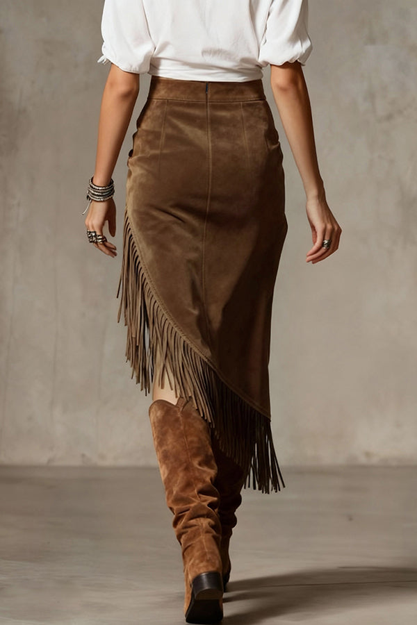 Fashionable Suede Tassel Irregular Casual Midi Skirt-consonak