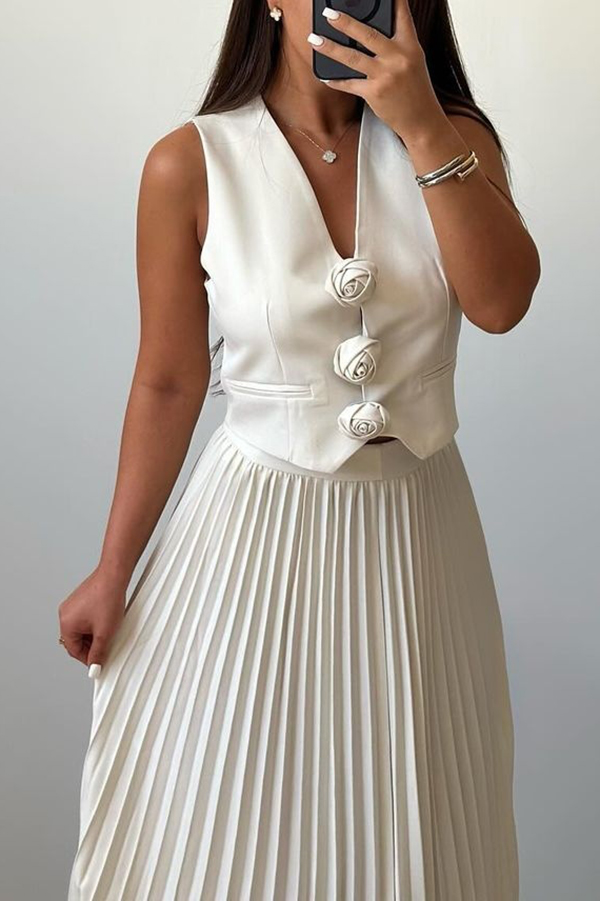 Stylish Rosette Sleeveless Tank Top and Pleated Maxi Skirt Set-consonak