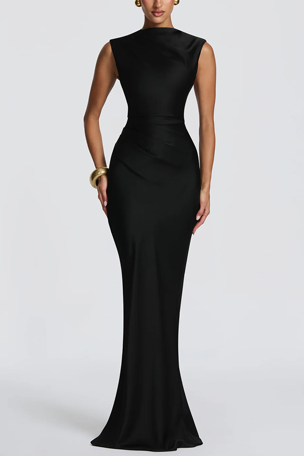 Avielle Satin High Neck Back Asymmetric Pleated Lace-up Drape Maxi Dress-consonak