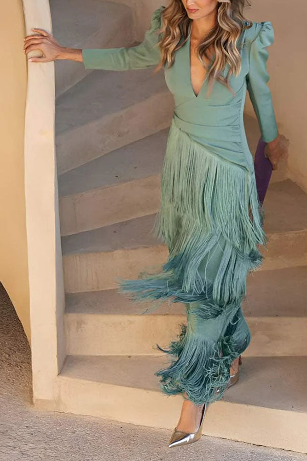 Elegant Night V-Neck Long Sleeve Layered Tassel Hem Maxi Dress-Consonak