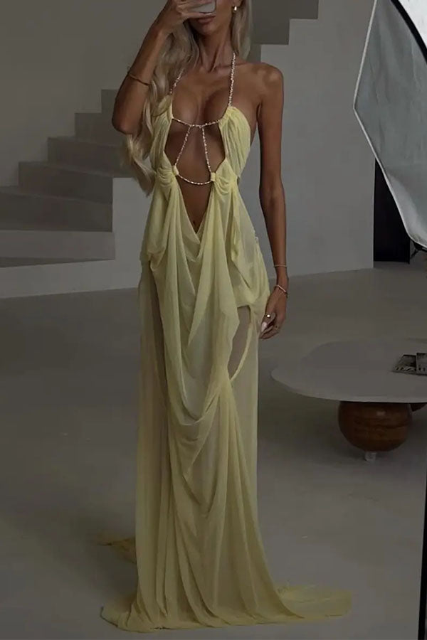 Island Muse Sheer Draped Cutout Maxi Dress-Consonak