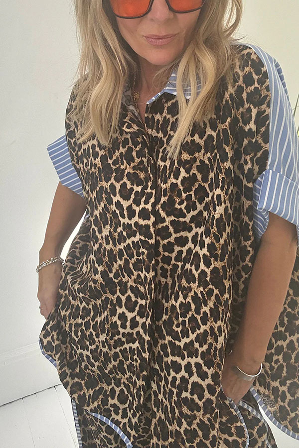Comfortable Leopard Stripes Colorblock Print Oversized Shirt and Elastic Waist Pocket Loose Pants Set-Consonak