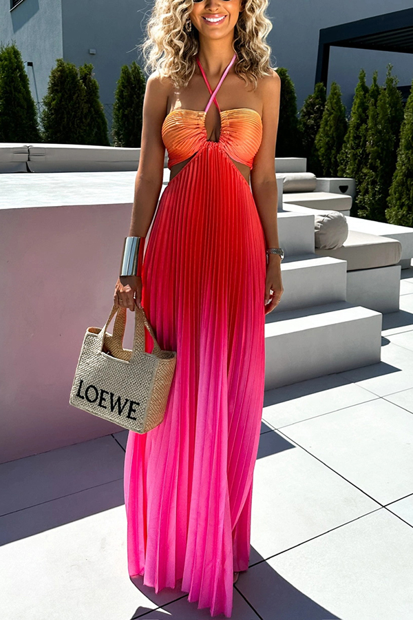 Get Ready Beautiful Gradient Print Cutout Halterneck Pleated Maxi Dress-consonak