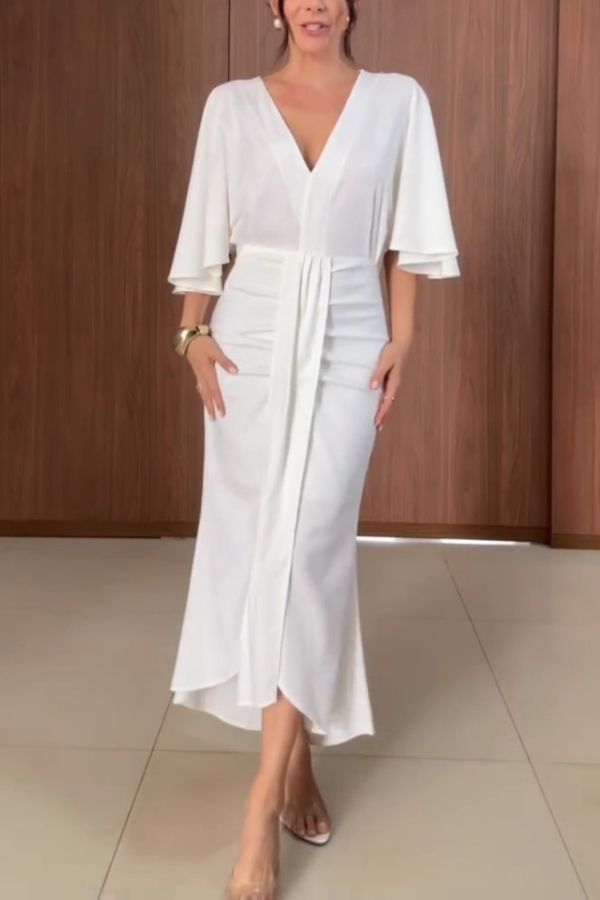 Solid Color V-neck Ribbon Waist-cinching Casual Maxi Dress