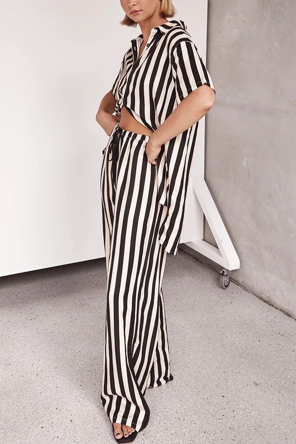 Erika Striped Casual Shirt and Elastic Waist Pocket Wide Leg Pants Set-consonak