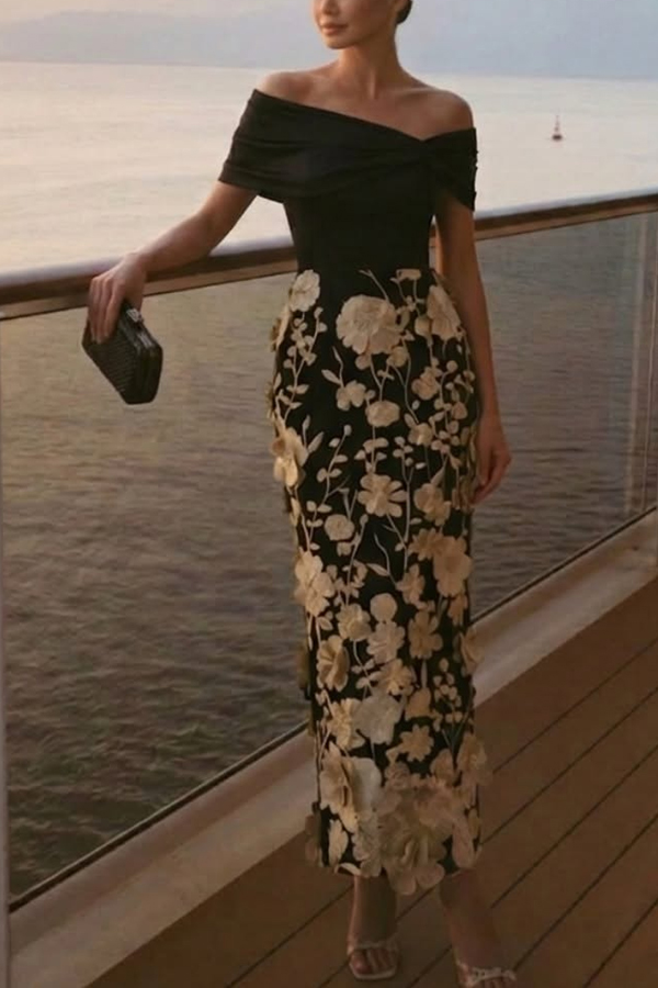 Classic 3D Floral Embroidery Off The Shoulder Short Sleeve Sheath Midi Dress | Consonak